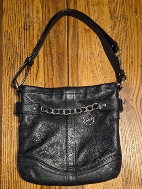 Coach Black Pebbled Leather Shoulder- Crossbody Bag with Chain Detail